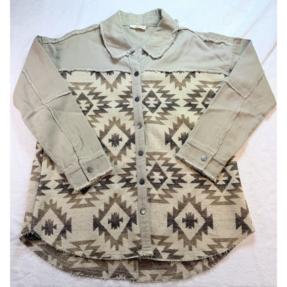 Mystree Boho Aztec Geometric Print Snap Front Western Jacket Shirt Shacket M